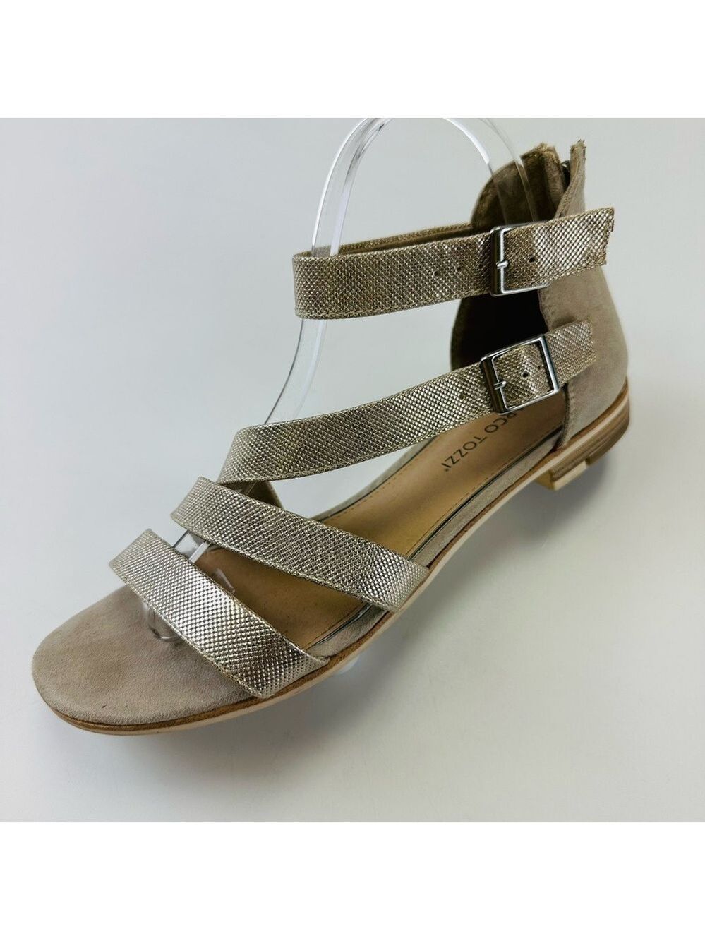 Marco Tozzi soft gold flat sandals Size 40 strappy low heel back zip ankle strap